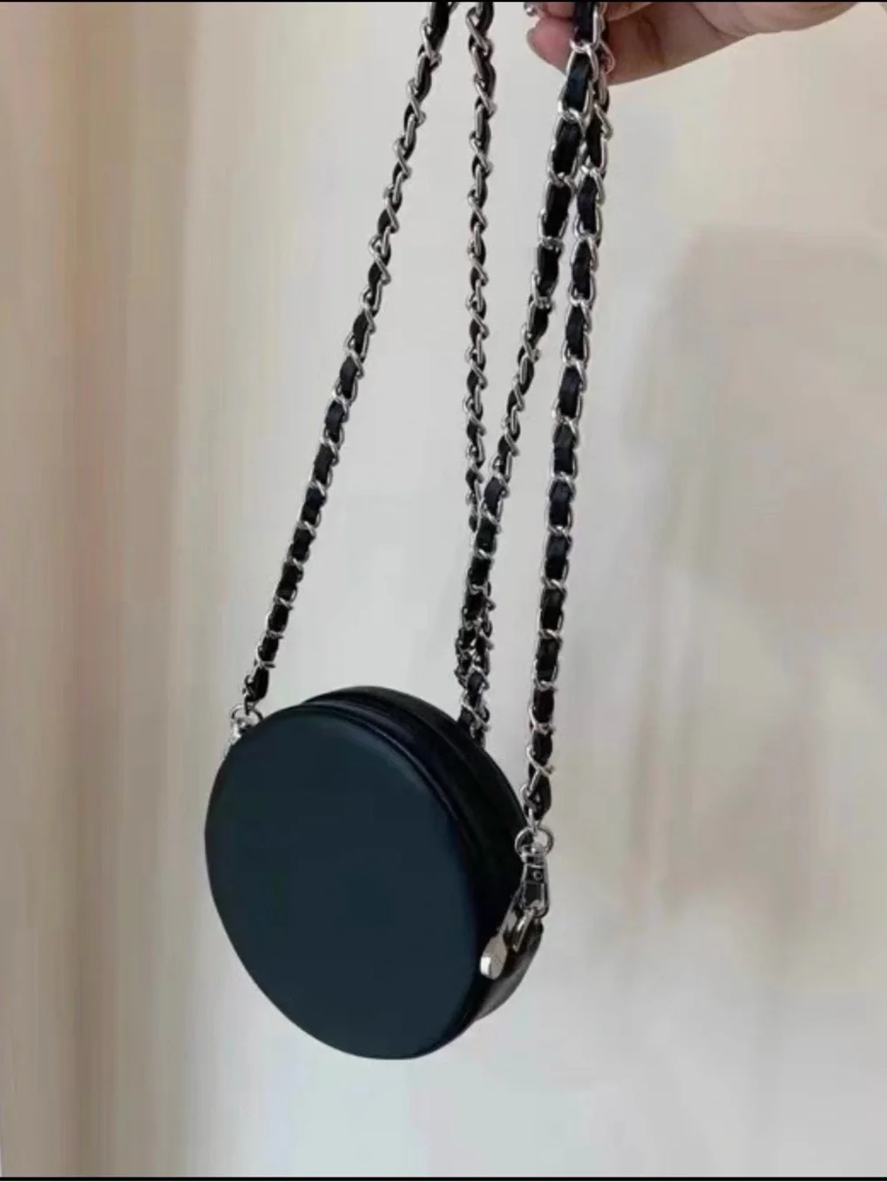 Dior Black Mini Round Cosmetic Crossbody Bag with Silver Chain